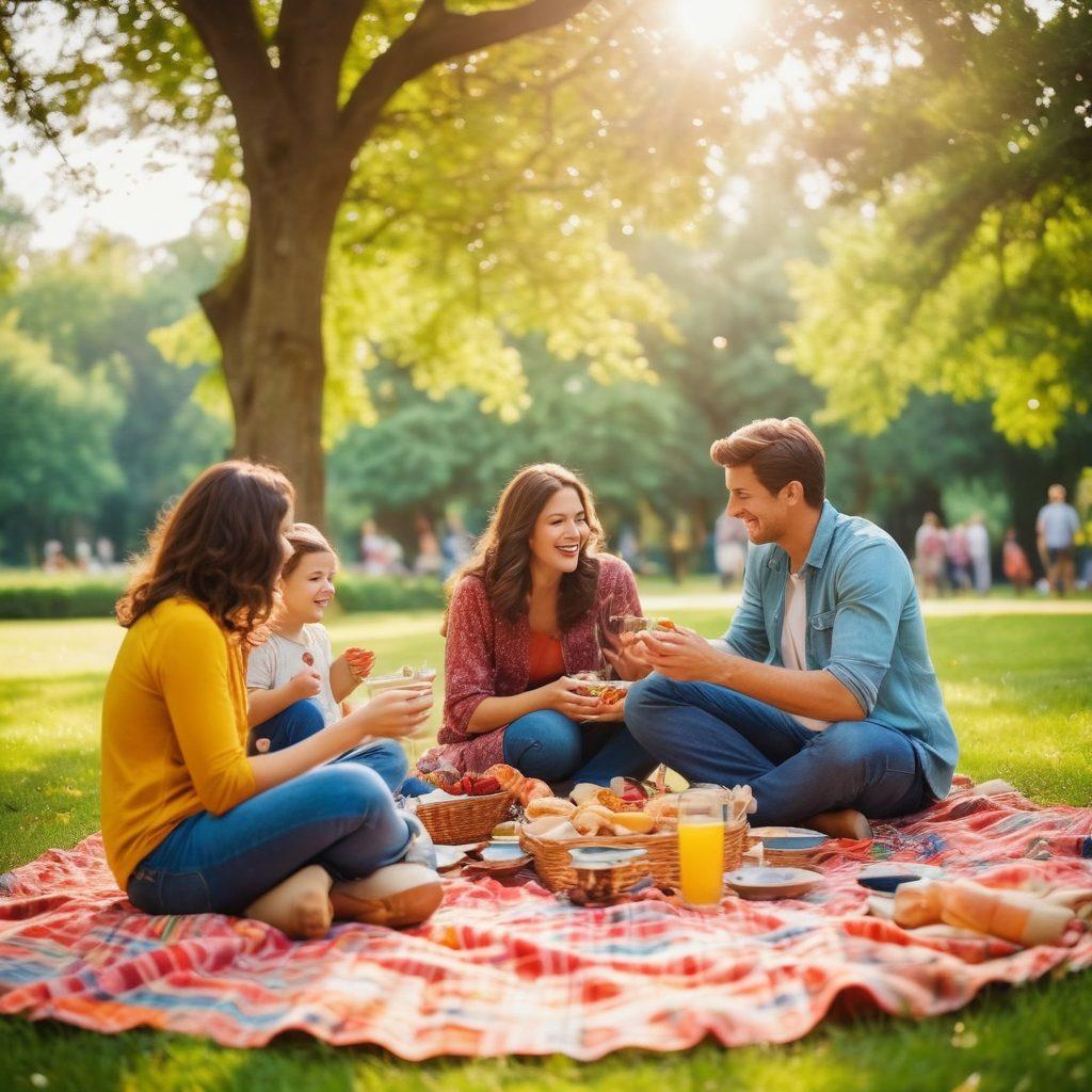 A warm, sunlit family picnic scene in a lush green park, showcasing diverse family members sharing laughter, a picnic blanket adorned with homemade dishes, children playing, and capturing candid moments on a vintage camera. The atmosphere should radiate joy and togetherness, with soft bokeh effects highlighting the unity. nostalgic style. vibrant colors.