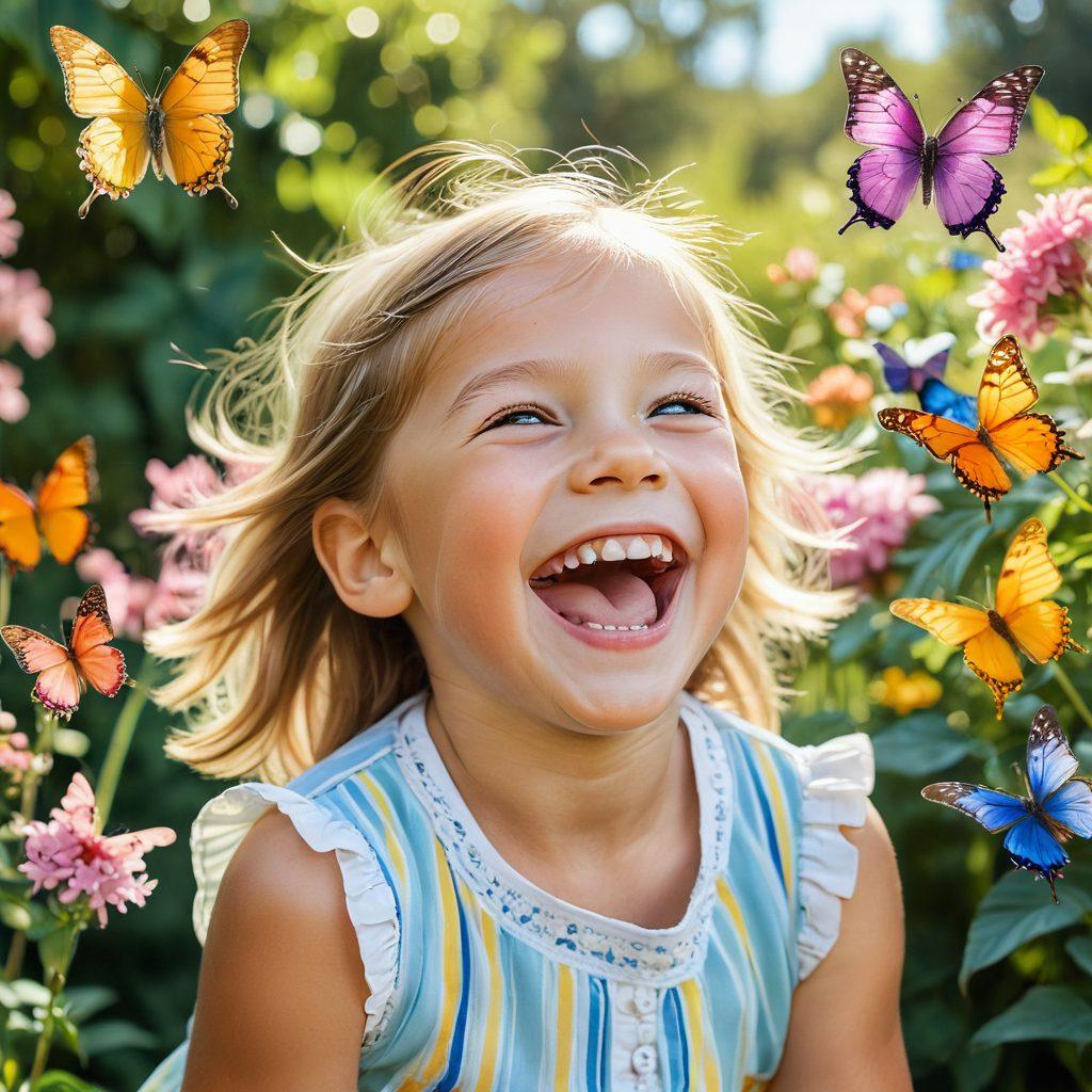 A whimsical portrait of a joyful child playing in a sunlit garden, surrounded by blooming flowers and colorful butterflies. Include a candid family moment in the background, with laughter and warmth radiating from their expressions. The scene should evoke nostalgia and happiness, capturing the essence of childhood innocence. soft pastels, vibrant colors. painting.