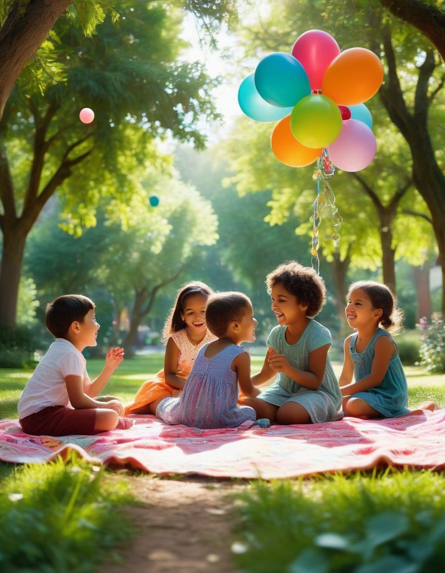 A joyful outdoor children's photo session, featuring a diverse group of children laughing and playing, surrounded by colorful balloons and whimsical decorations. Capture the essence of fun and innocence with sunlight streaming through the trees, casting playful shadows. Include props like pastel-colored blankets and whimsical toys, evoking warmth and charm. super-realistic. vibrant colors. soft focus.